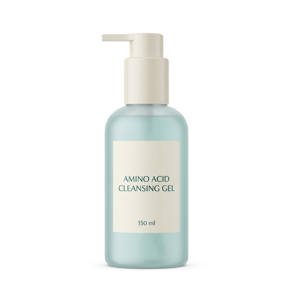 Unbranded pale aqua cleanser bottle on a white background