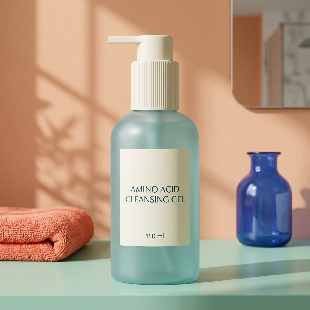 Cleanser bottle in a colorful bathroom setting