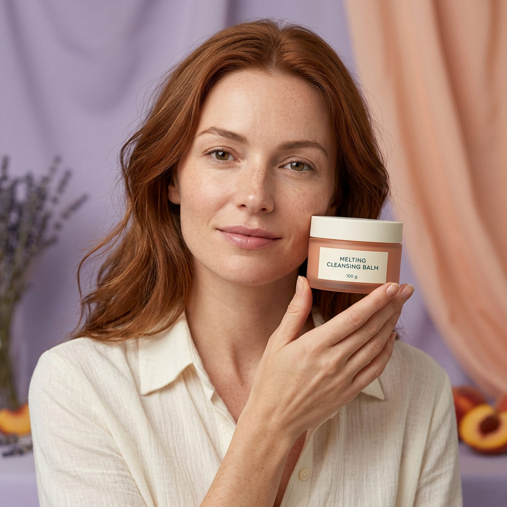 AI-generated adult model holding cleansing balm beside cheek