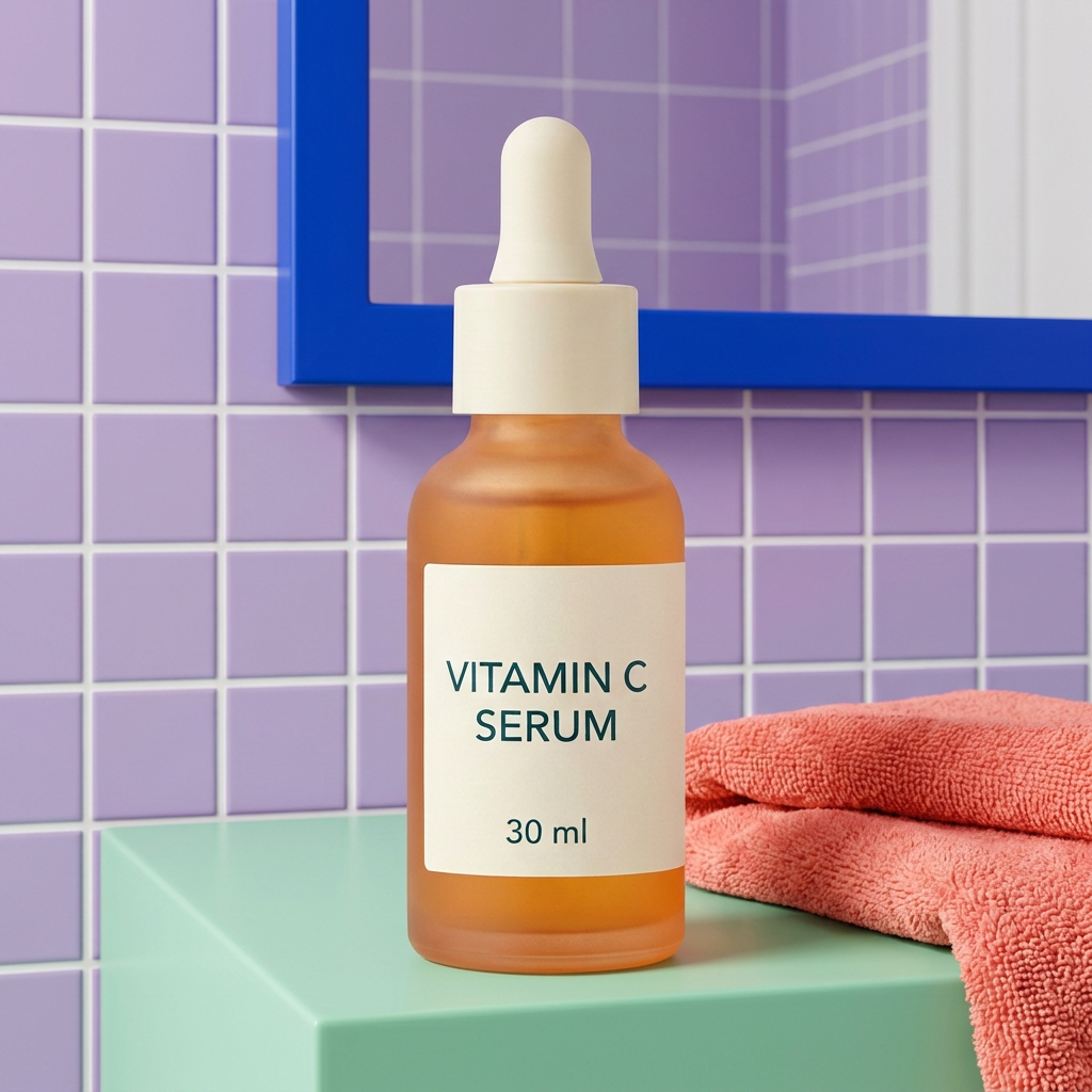 Orange Vitamin C serum bottle in colorful bathroom