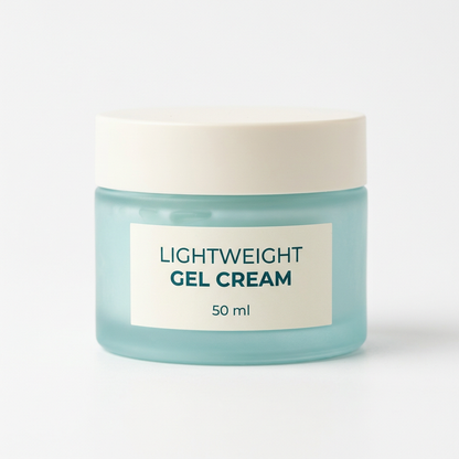 Unbranded turquoise lightweight gel cream jar on white background