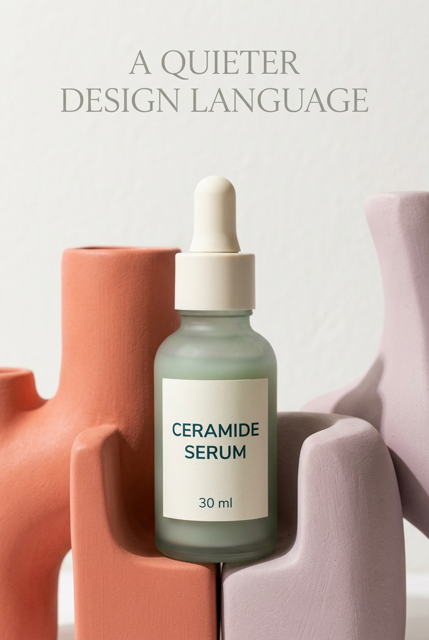 Detail of sage-green serum packaging with printed ivory label