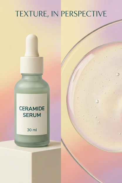 Conceptual serum texture study beside ceramide serum bottle