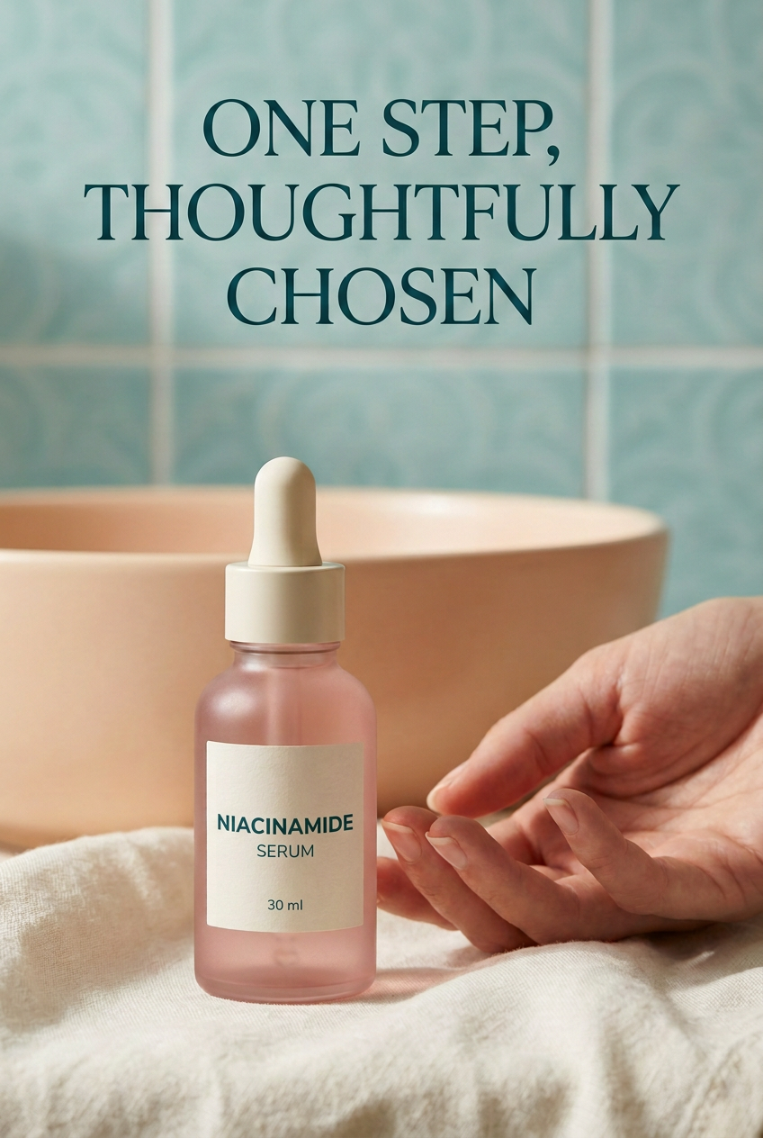 Niacinamide serum routine scene with complete bottle label