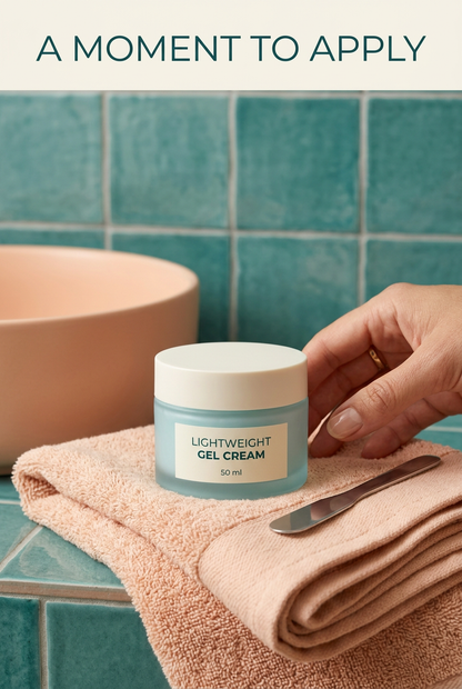 Gel cream jar with cloth and cosmetic spatula in routine setup