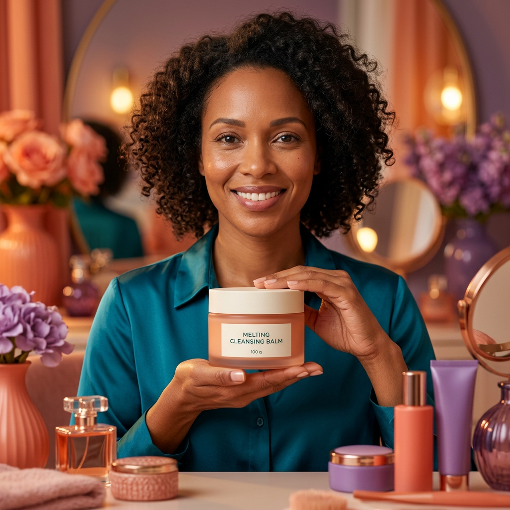 AI-generated adult model holding cleansing balm at chest level