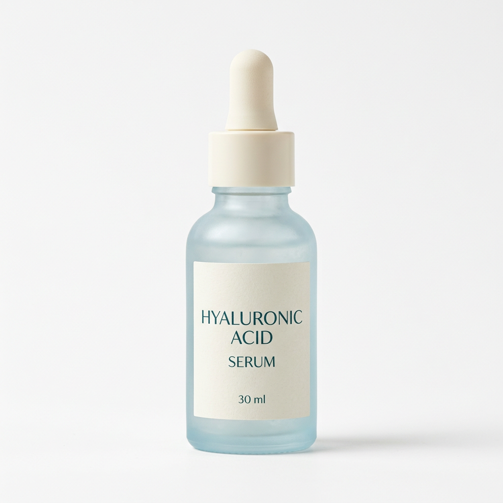 Unbranded ice-blue serum dropper bottle on white background