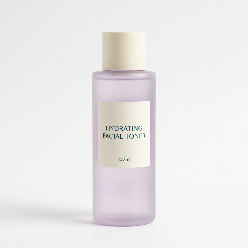 Lilac facial toner bottle on white background