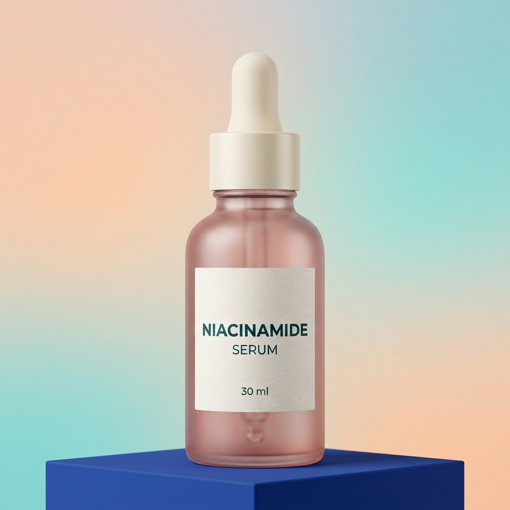 Rose-pink serum bottle on colorful studio pedestal