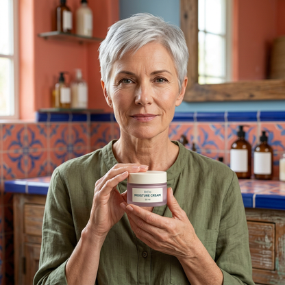 AI-generated adult silver-haired model holding cream concept
