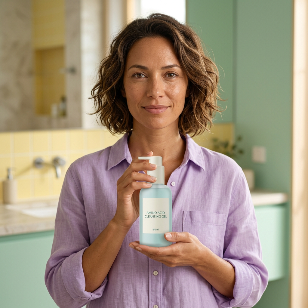 AI-generated adult model holding cleanser at chest level
