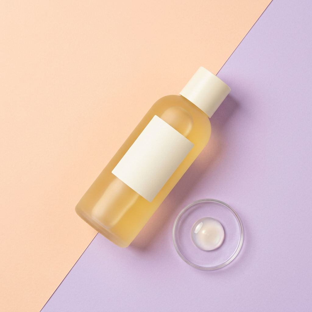 Essence toner flat lay with conceptual liquid texture
