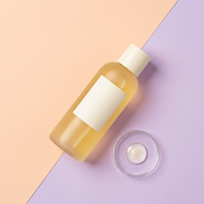 Essence toner flat lay with conceptual liquid texture