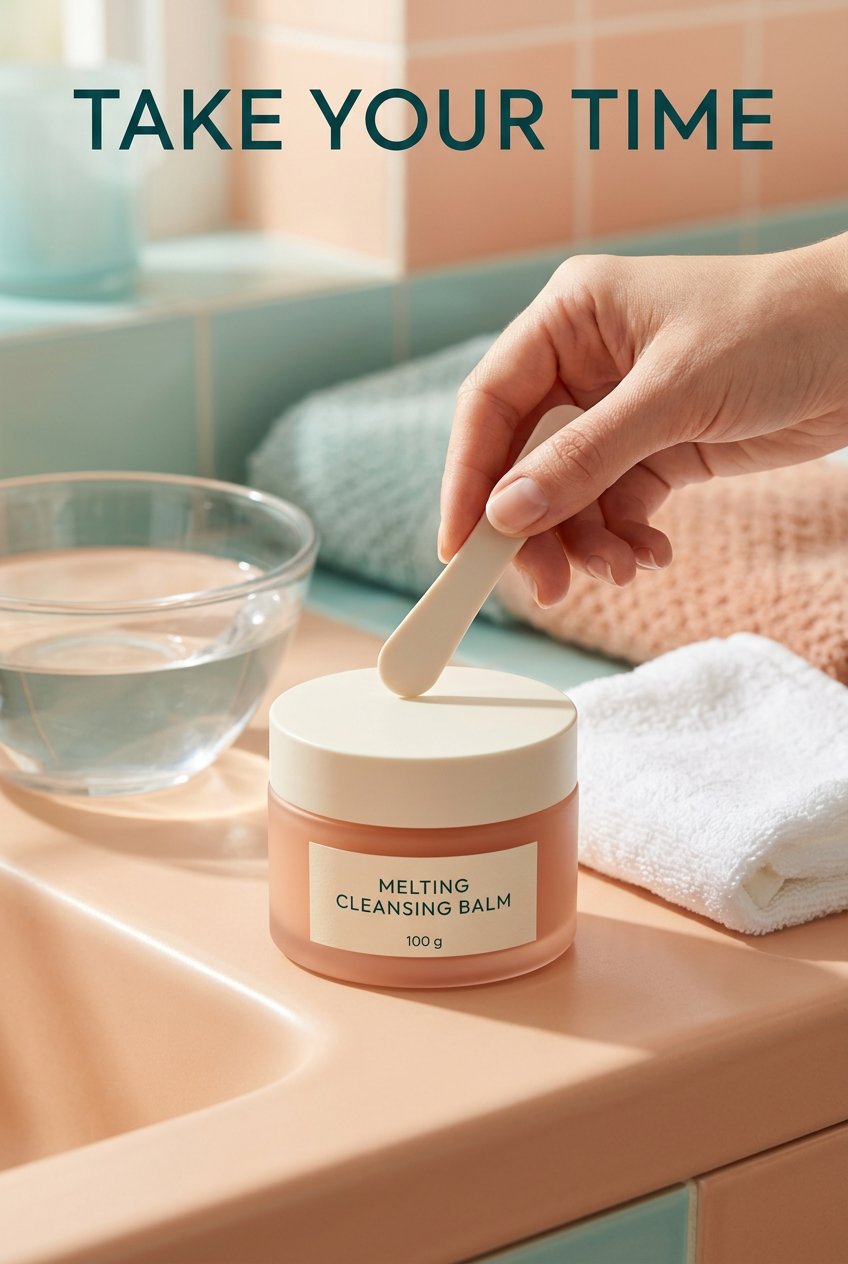 Cleansing balm routine setup with spatula and cloth