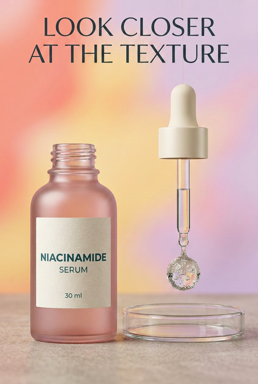 Conceptual serum texture and dropper with complete bottle label