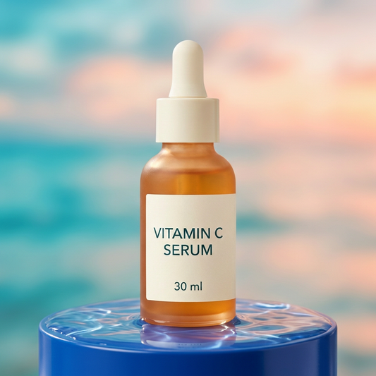 Vitamin C serum bottle with printed ivory label on cobalt pedestal