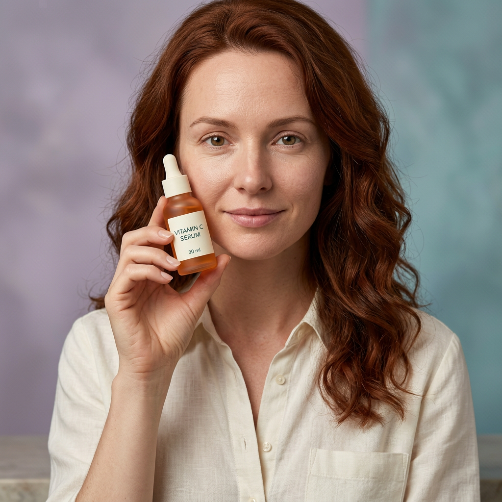 AI-generated adult model holding Vitamin C serum beside face