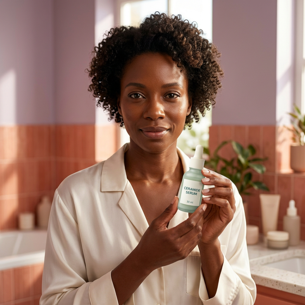 AI-generated adult model holding ceramide serum at chest height