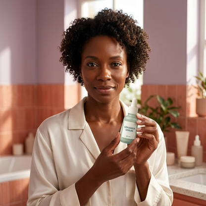 AI-generated adult model holding ceramide serum at chest height
