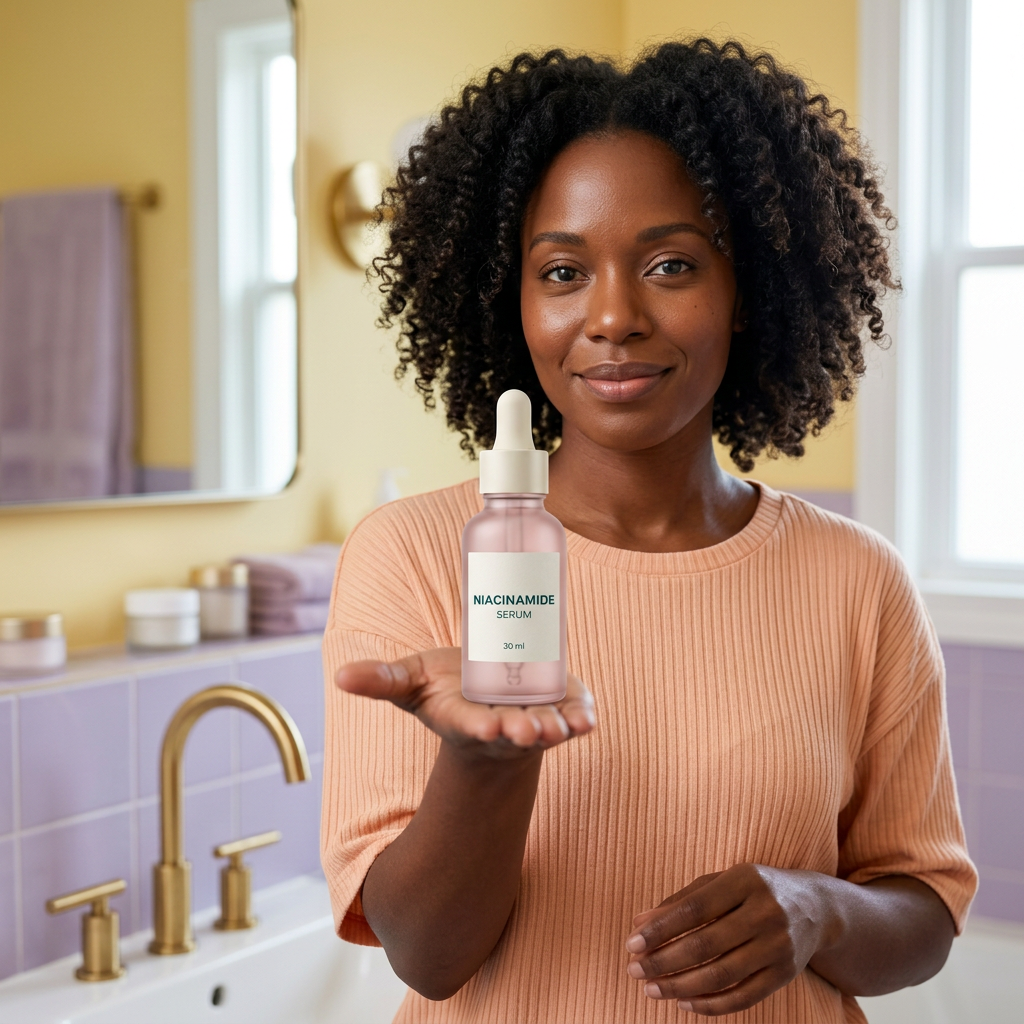 AI-generated adult model holding serum at chest height