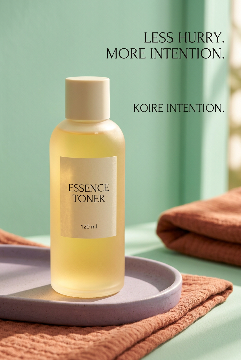 Essence toner styled with colorful bathroom accessories