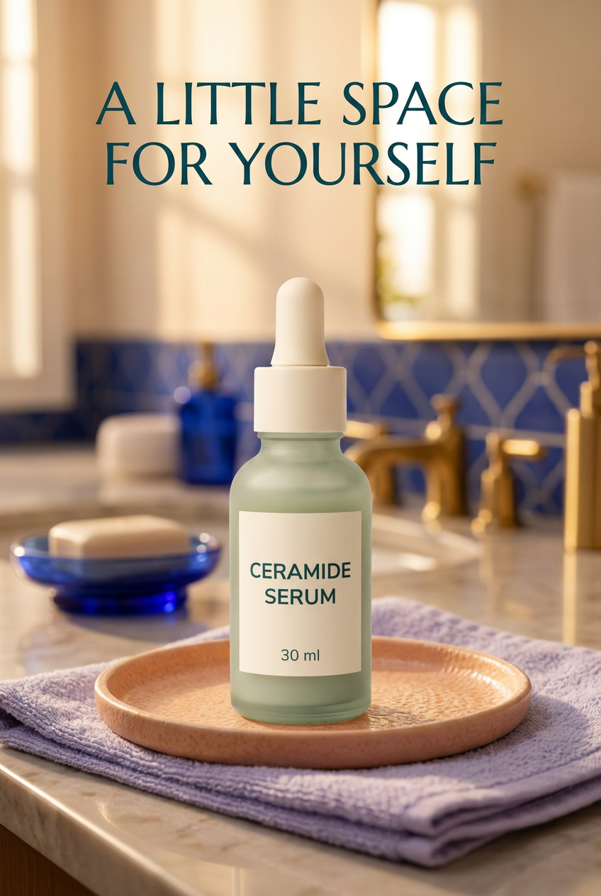 Ceramide serum bottle on a peach bathroom tray
