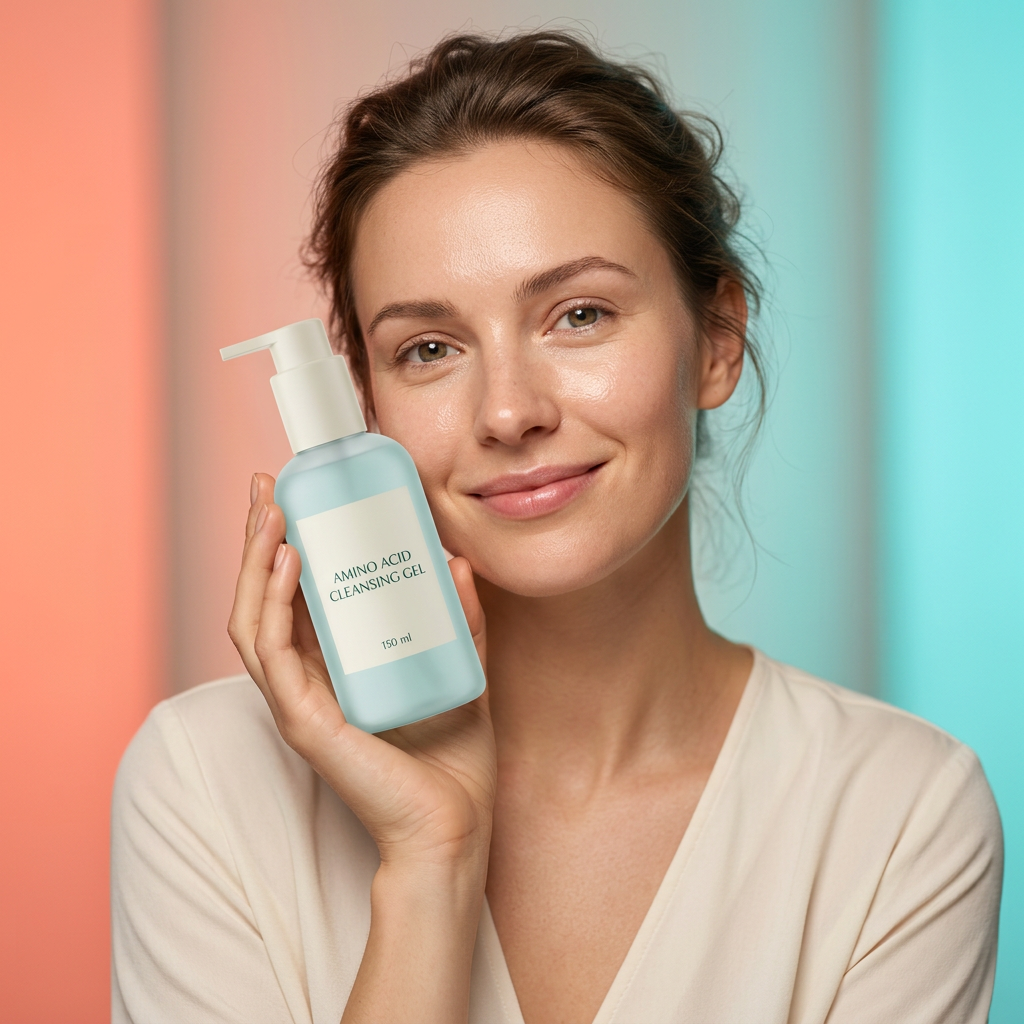 AI-generated adult model holding cleanser beside her face