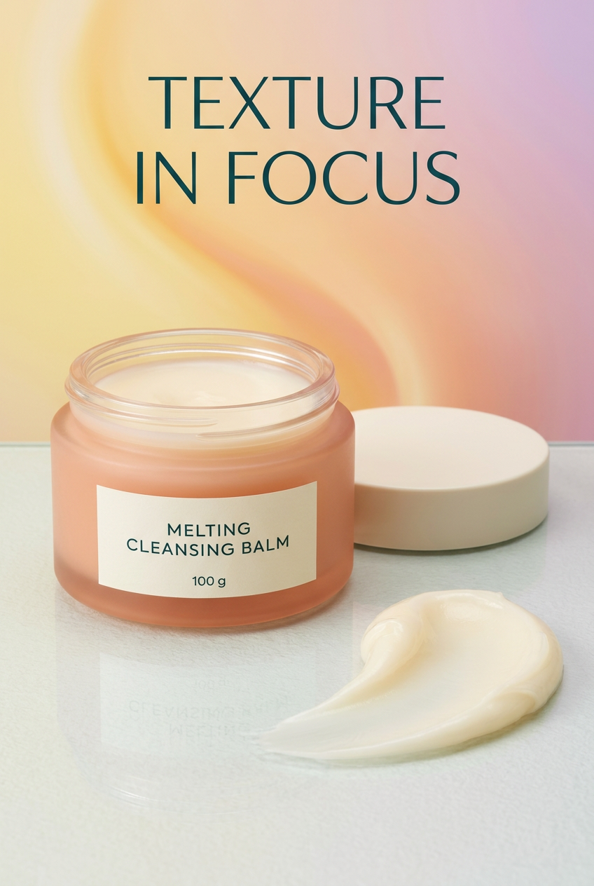 Conceptual balm texture beside peach jar