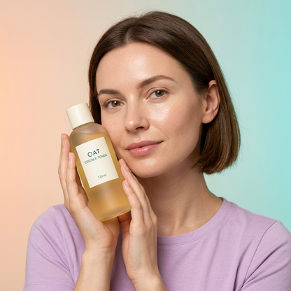 AI-generated adult model holding essence toner beside her cheek