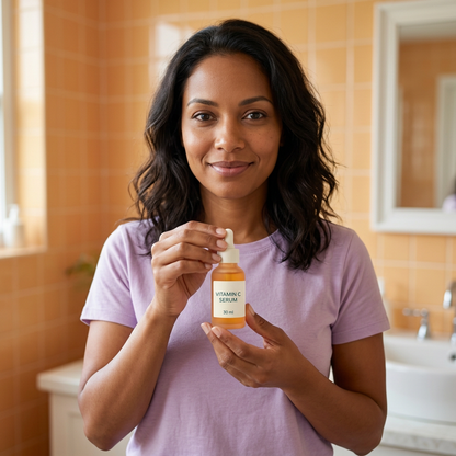 AI-generated adult model holding Vitamin C serum at chest height