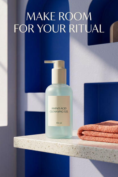 Cleanser bottle styled on a colorful bathroom shelf
