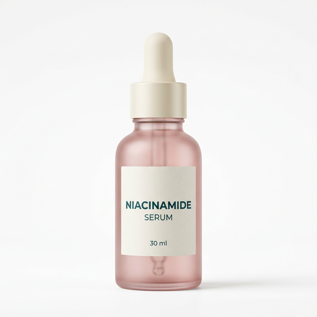 Unbranded rose-pink serum bottle on white background