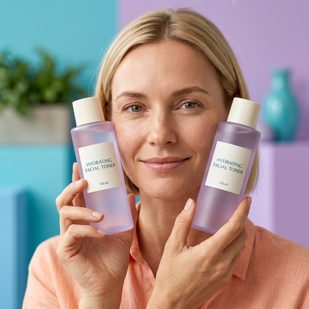 AI-generated adult model holding facial toner beside her face