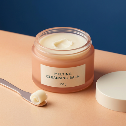 Open cleansing balm jar with conceptual ivory balm and spatula