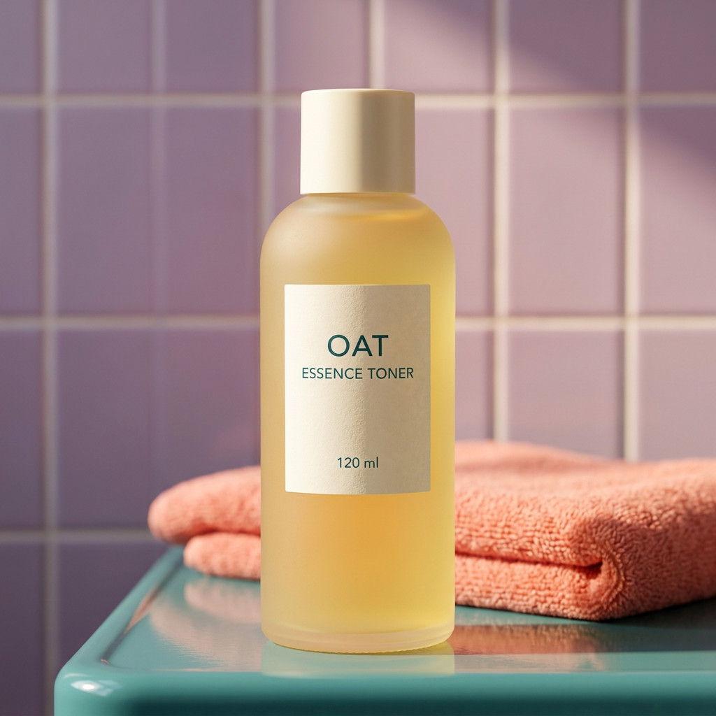 Yellow essence toner in a colorful bathroom setting