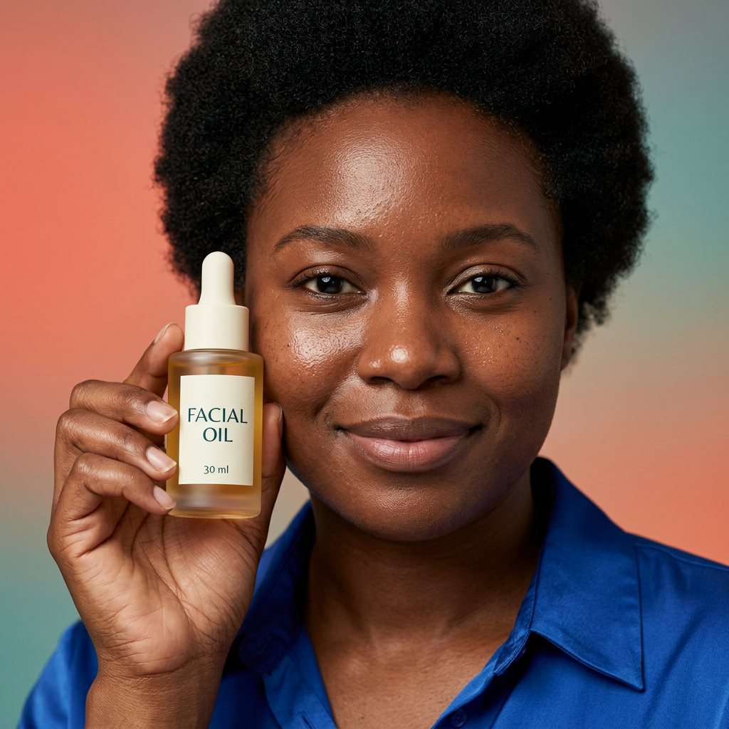 AI-generated adult model holding facial oil beside face