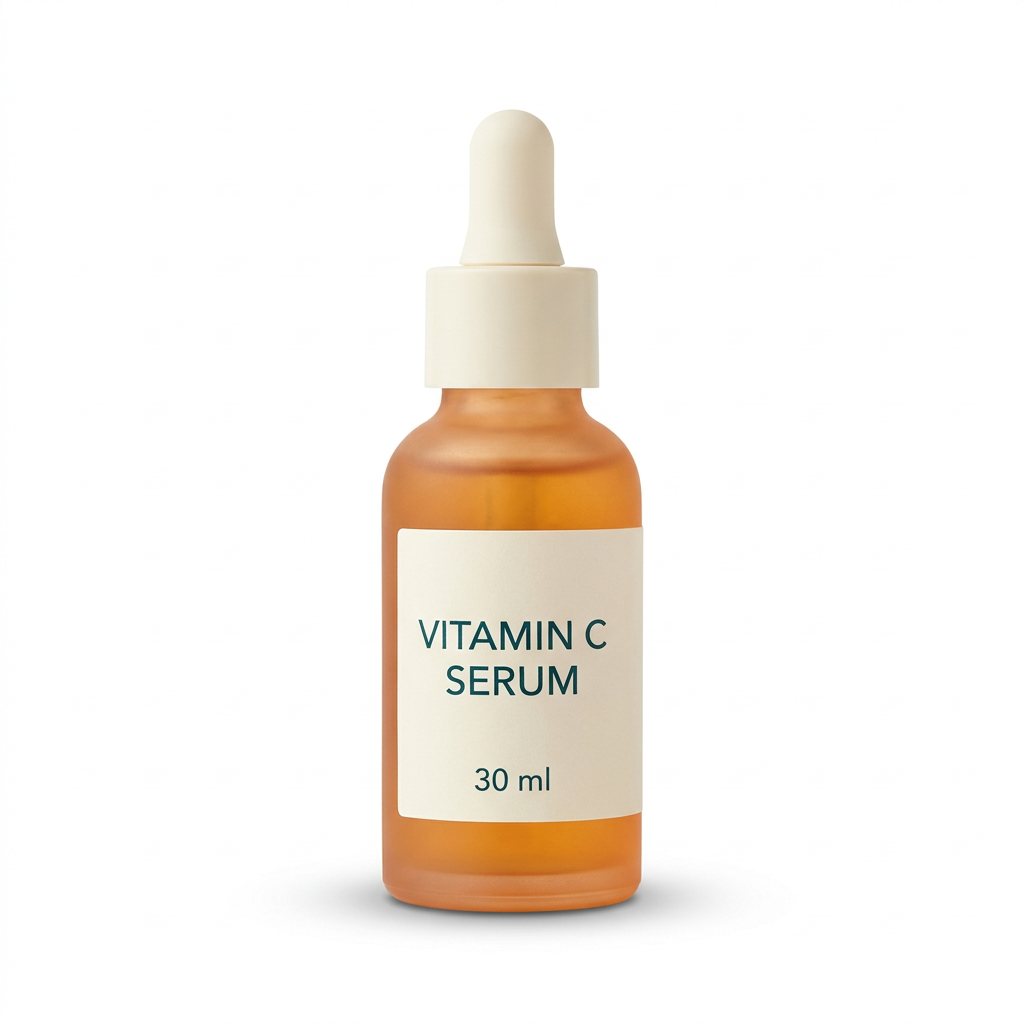 Unbranded orange Vitamin C serum bottle on white background