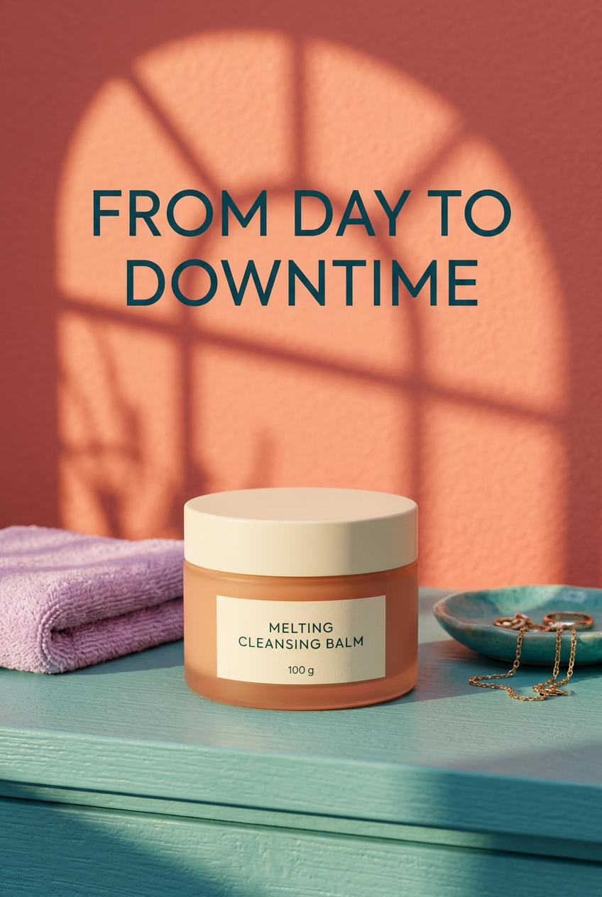 Cleansing balm jar on an evening vanity