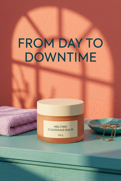 Cleansing balm jar on an evening vanity