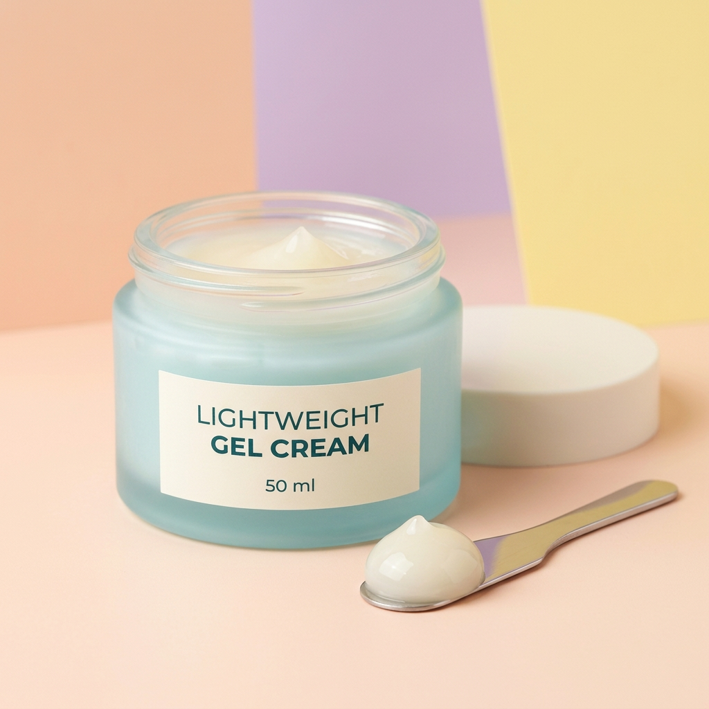Open gel cream jar with conceptual ivory texture and cosmetic spatula