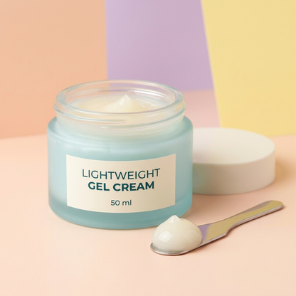 Open gel cream jar with conceptual ivory texture and cosmetic spatula
