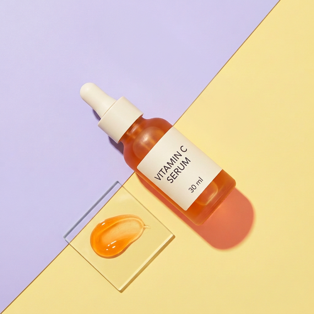 Vitamin C serum flat lay on lilac and yellow panels