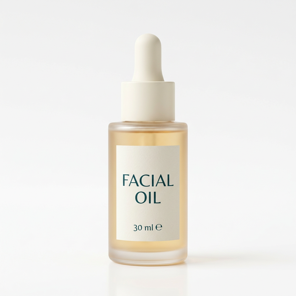 AI-generated 30 ml facial oil packaging on white