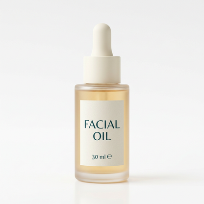 AI-generated 30 ml facial oil packaging on white