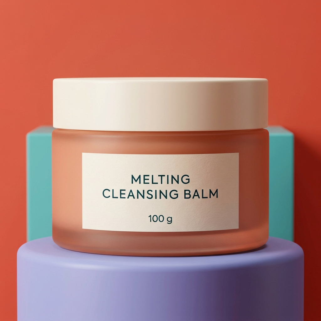 Peach cleansing balm jar on a colorful studio pedestal
