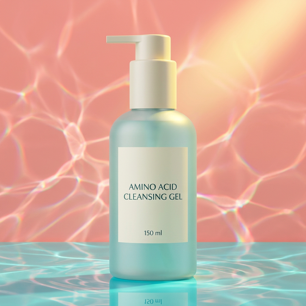 Aqua cleanser bottle on a colorful turquoise pedestal
