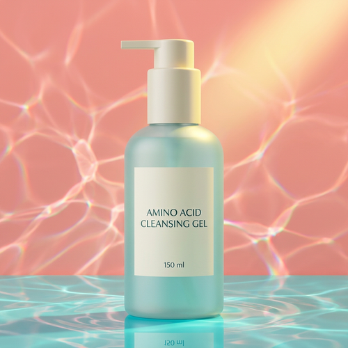Aqua cleanser bottle on a colorful turquoise pedestal