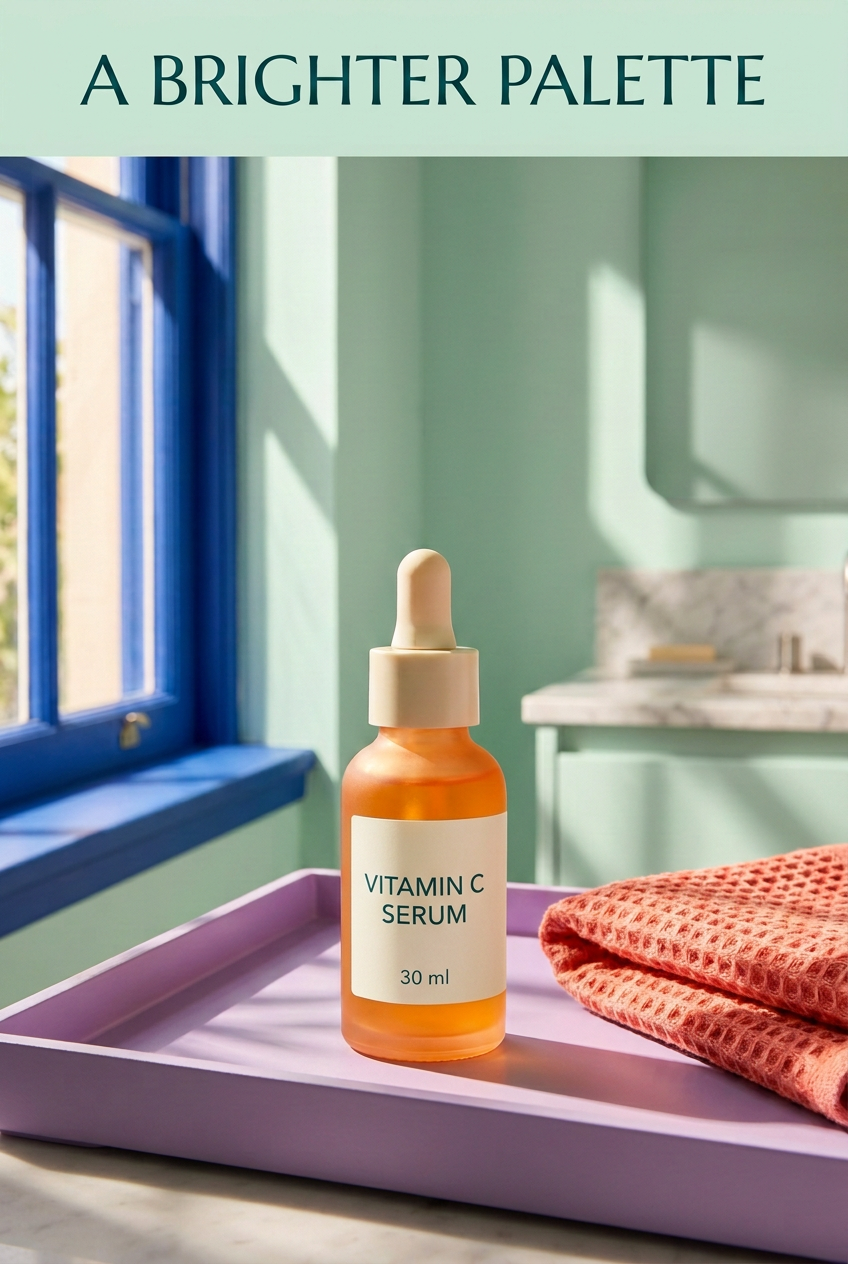 Vitamin C serum with ivory label on lilac bathroom tray