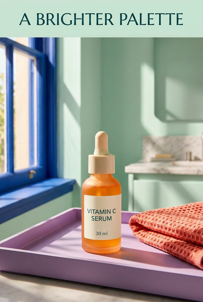 Vitamin C serum with ivory label on lilac bathroom tray