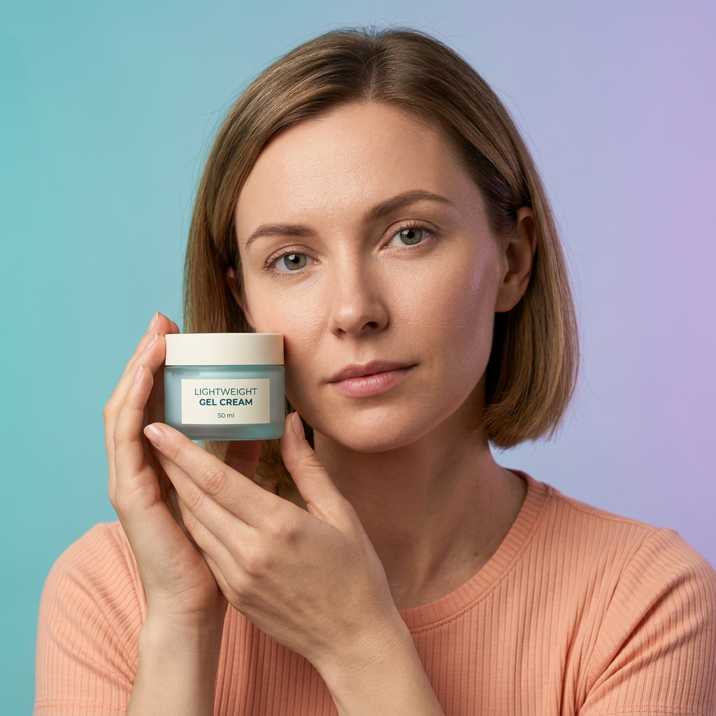 AI-generated adult model holding gel cream jar beside her face